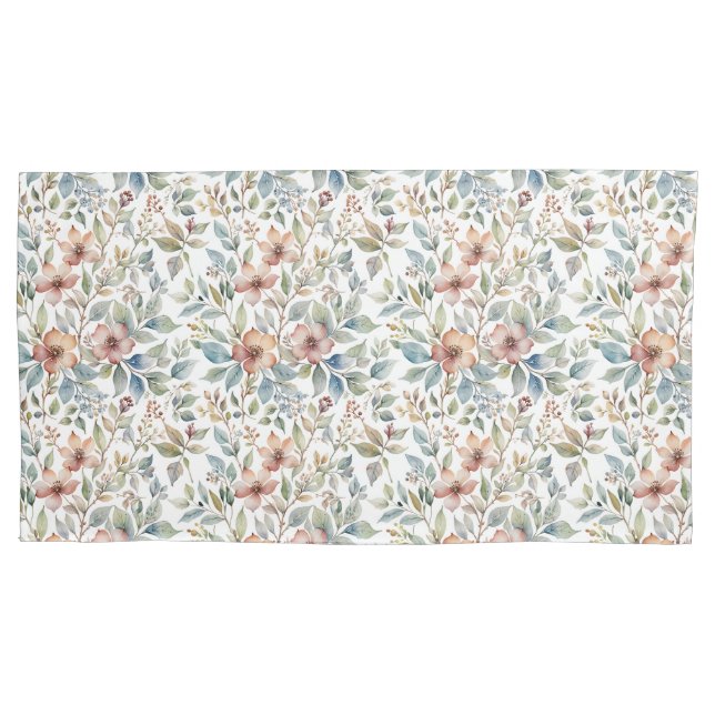 Soft Mauve and Teal Floral Botanical Pillowcase (Front)