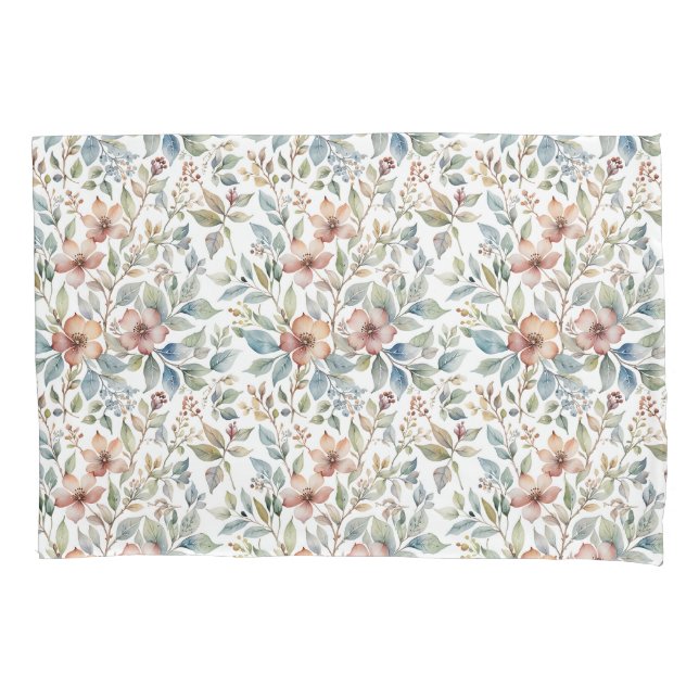 Soft Mauve and Teal Floral Botanical Pillowcase (Front)