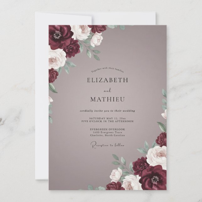 Soft Mauve Maroon Peony Wedding Invitation (Front)