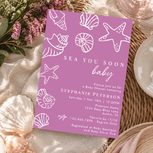 Soft Mauve Sea You Soon Coastal Beach Baby Shower Invitation