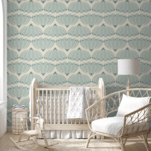 Soft Mint and Beige Art Deco Scallop Wallpaper