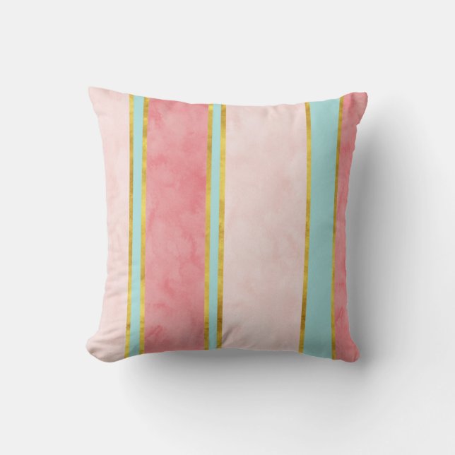 Soft mint Coral Gold Blush Stripes Throw Pillow (Front)