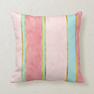 Soft mint Coral Gold Blush Stripes Throw Pillow