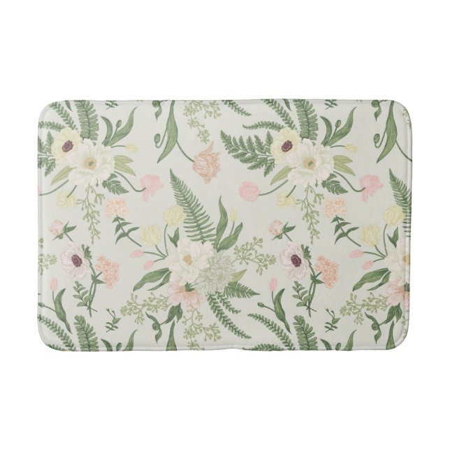 Soft Mint Green Garden Flower Pattern Bath Mat (Front)