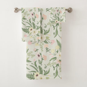 Soft Mint Green Garden Flower Pattern Bath Towel Set