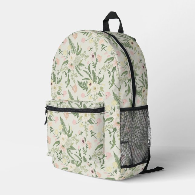 Soft Mint Green Garden Flower Pattern Printed Backpack (Back Corner Right)