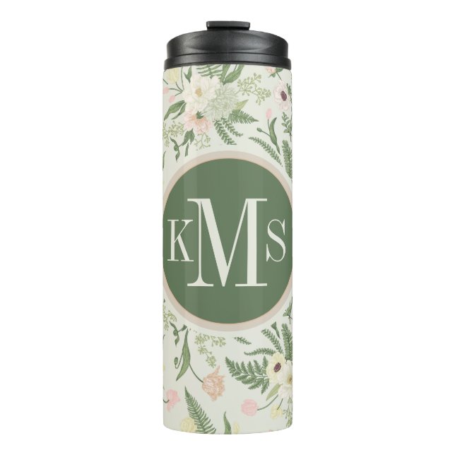 Soft Mint Green Garden Flower Pattern Thermal Tumbler (Front)