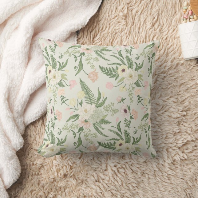Soft Mint Green Garden Flower Pattern Throw Pillow (Blanket)