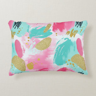 Soft Mint Pink Spring Gold Abstract Brushstrokes Accent Pillow