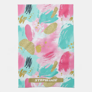 Soft Mint Pink Spring Gold Abstract Brushstrokes Kitchen Towel