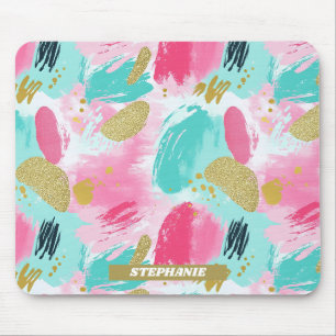 Soft Mint Pink Spring Gold Abstract Brushstrokes Mouse Pad