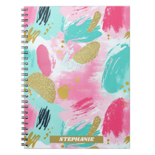Soft Mint Pink Spring Gold Abstract Brushstrokes Notebook