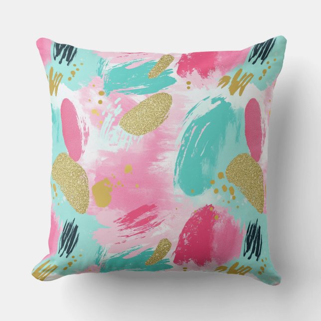 Soft Mint Pink Spring Gold Abstract Brushstrokes Throw Pillow (Front)
