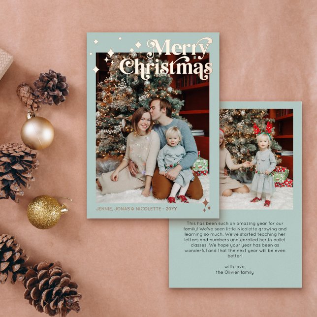 Soft Mint Retro Font Flares Photo Merry Christmas Foil Holiday Card (Creator Uploaded)