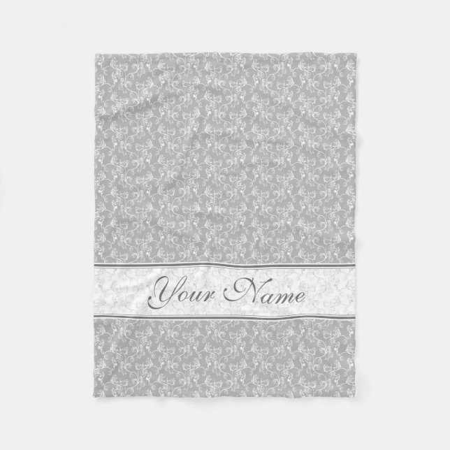 Soft Modern White&Grey Named Damask Fleece Blanket (Front)