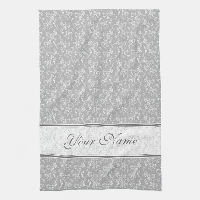 Soft Modern White&Grey Named Damask Kitchen Towel (Vertical)
