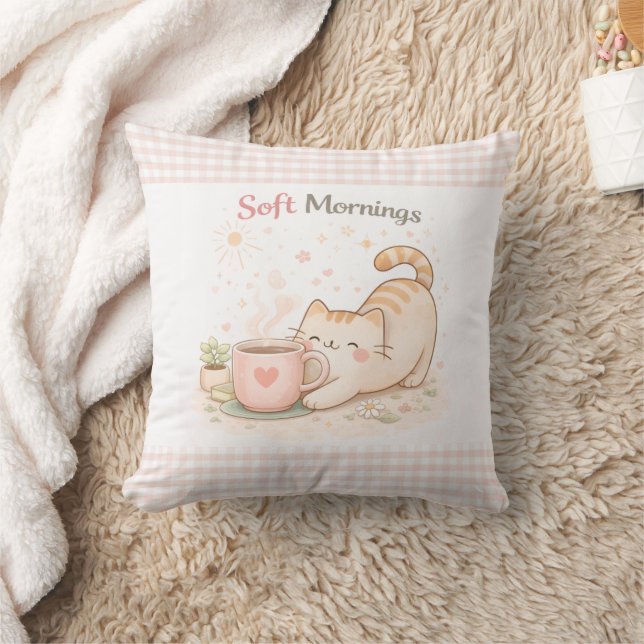 Soft Morning Cute Kitty Cat Pink Gingham Home  Throw Pillow (Blanket)