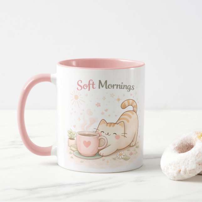 Soft Morning Kawaii Cute Cat Coffee Sweet Pink Mug (With Donut)