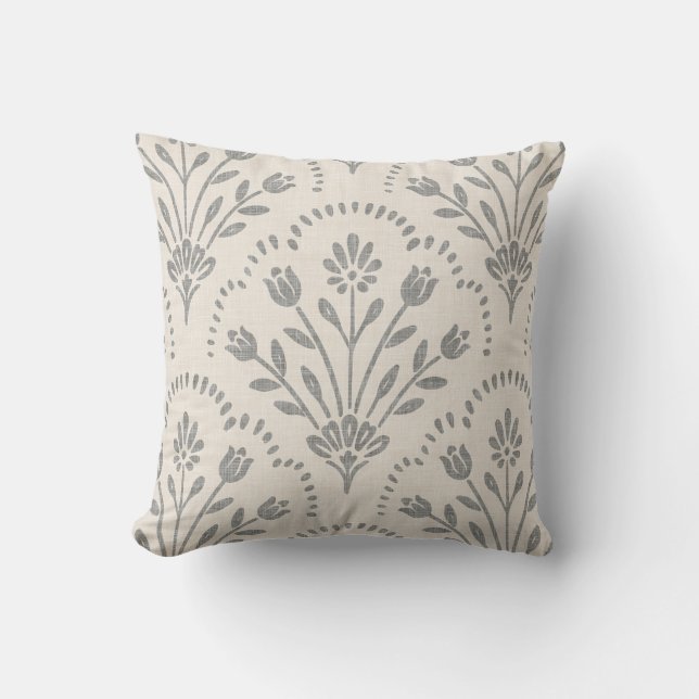 Soft Muted Charcoal & Beige Floral Scallop Pattern Throw Pillow (Front)