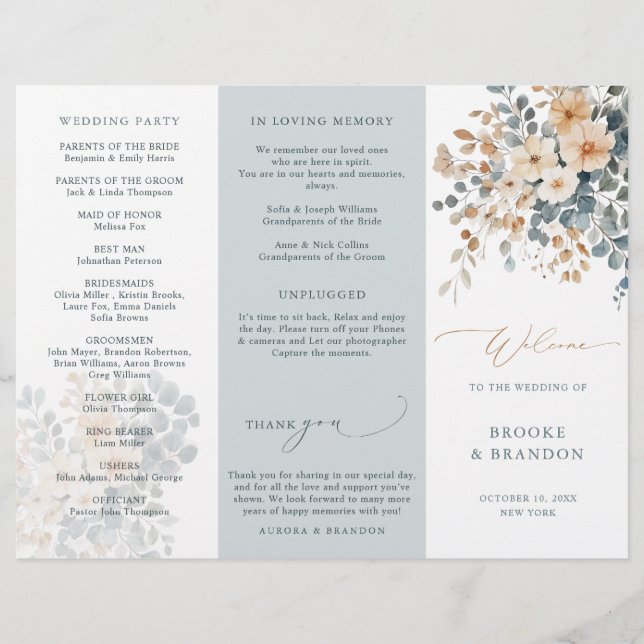 Soft Muted Earthy Tone Floral Wedding Program (Front)