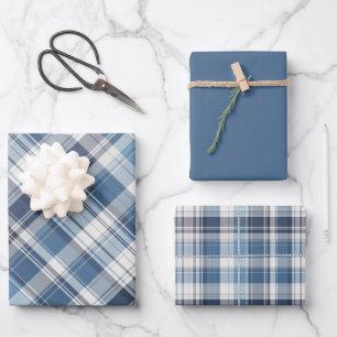 Soft Navy, Blue & White Plaid Wrapping Paper Sheet