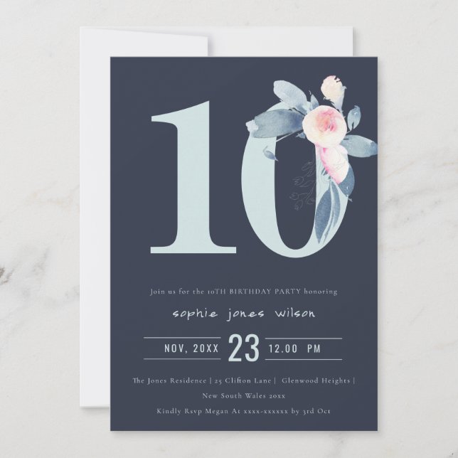 SOFT NAVY BLUSH BLUE FLORAL 10TH ANY AGE BIRTHDAY INVITATION (Front)