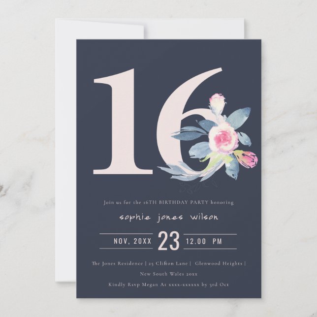 SOFT NAVY BLUSH BLUE FLORAL 16TH ANY AGE BIRTHDAY INVITATION (Front)