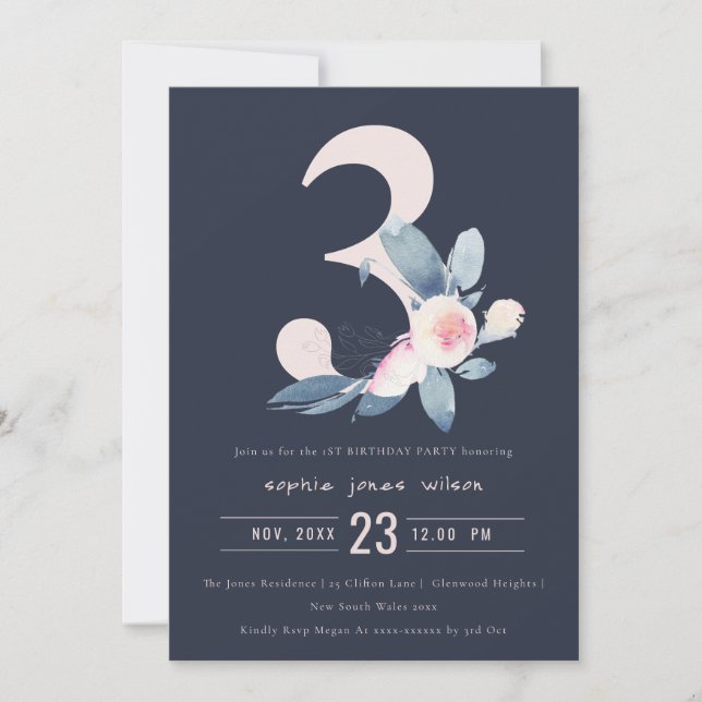SOFT NAVY BLUSH BLUE FLORAL 3RD ANY AGE BIRTHDAY INVITATION (Front)