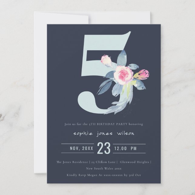 SOFT NAVY BLUSH BLUE FLORAL 5TH ANY AGE BIRTHDAY INVITATION (Front)