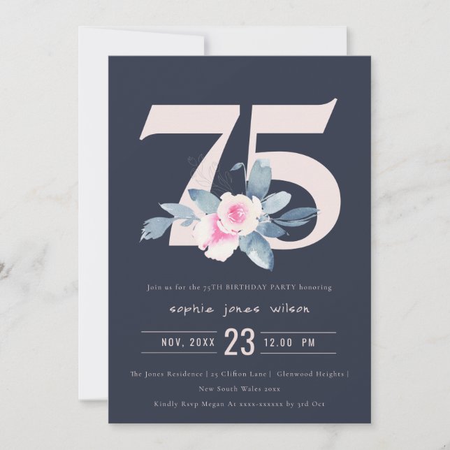 SOFT NAVY BLUSH BLUE FLORAL 75TH ANY AGE BIRTHDAY INVITATION (Front)