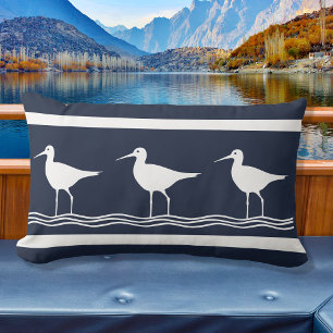 soft navy Sand Pipers on white Lumbar Pillow