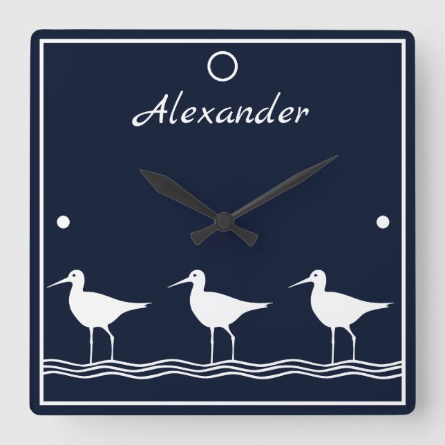 soft navy  Sand Pipers on  white  PILLOW Square Wall Clock (Front)