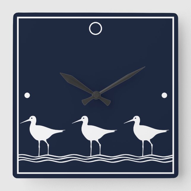 soft navy  Sand Pipers on  white  PILLOW Square Wall Clock (Front)