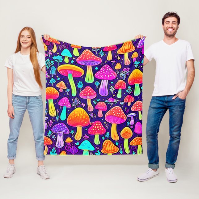Soft Neon: Cartoon Mushroom Patch Fleece Blanket (In Situ)