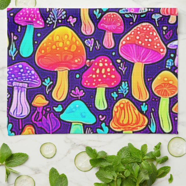 Soft Neon: Cartoon Mushroom Patch Kitchen Towel (Folded)