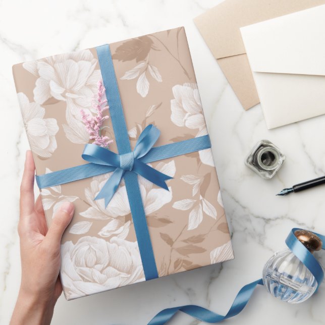Soft Neutral Rose Beige Floral Pattern Wrapping Paper (Gifting)
