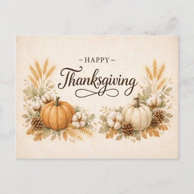 Soft Neutral Rustic Thanksgiving Pumpkin  Holiday Postcard (Front)