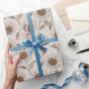 Soft Neutral Sunflower Cream Floral Pattern Wrapping Paper