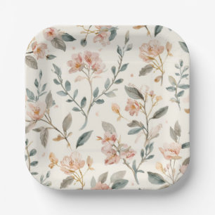 Soft Neutral Wildflower Sage Watercolor Botanical Paper Plate