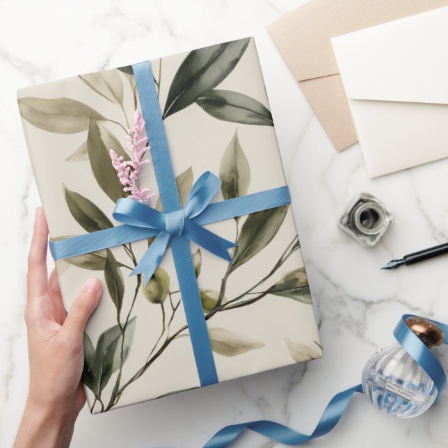 Soft Olive Beige Olive Branch Watercolor Pattern Wrapping Paper (Gifting)