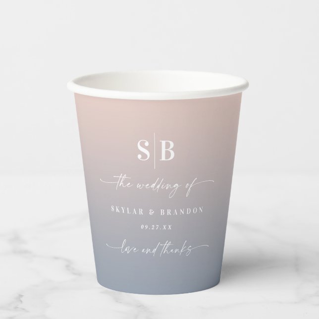 Soft Ombre Blush Pink Dusty Blue Wedding Monogram Paper Cups (Front)