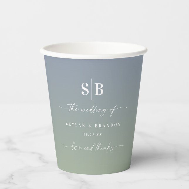 Soft Ombre Dusty Blue & Green Wedding Monogram Paper Cups (Front)