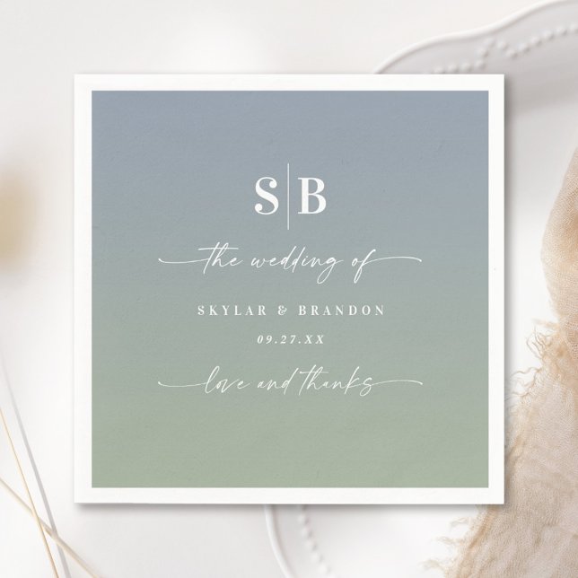 Soft Ombre Dusty Blue Leaf Green Wedding Monogram Napkin (Creator Uploaded)