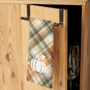 Soft Orange, Green & Cream Plaid with Pumpkin Kitchen Towel