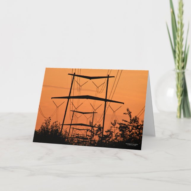 Soft orange sunset over high tension power lines card (Front)