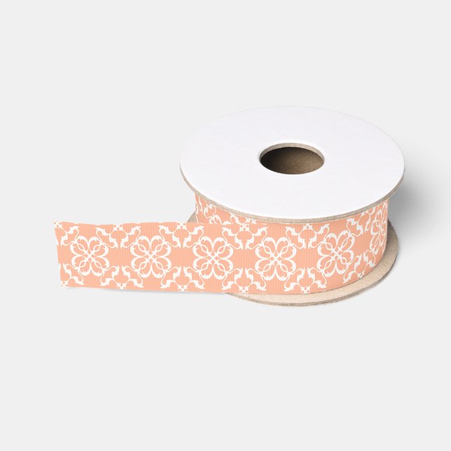 Soft Orange & White Floral Lattice Pattern Grosgrain Ribbon (Spool)