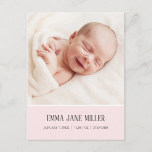 Soft Pale Pink Birth Announcement Photo Postcard