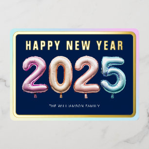 Soft Pastel 2025 Balloons Happy New Year Blue Gold Foil Holiday Card