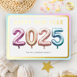 Soft Pastel 2025 Balloons Happy New Year Gold Foil Holiday Card