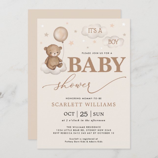 Soft Pastel Bear Balloon Clouds Stars Baby Shower Invitation (Front/Back)